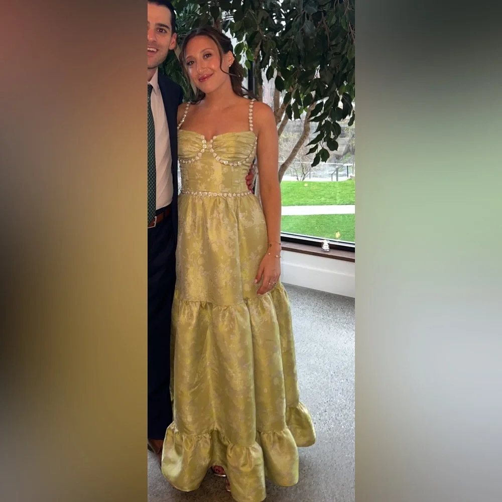 V. Chapman Lime Green Tiered Maxi Dress with Pearl Trim - Picture 3 of 4